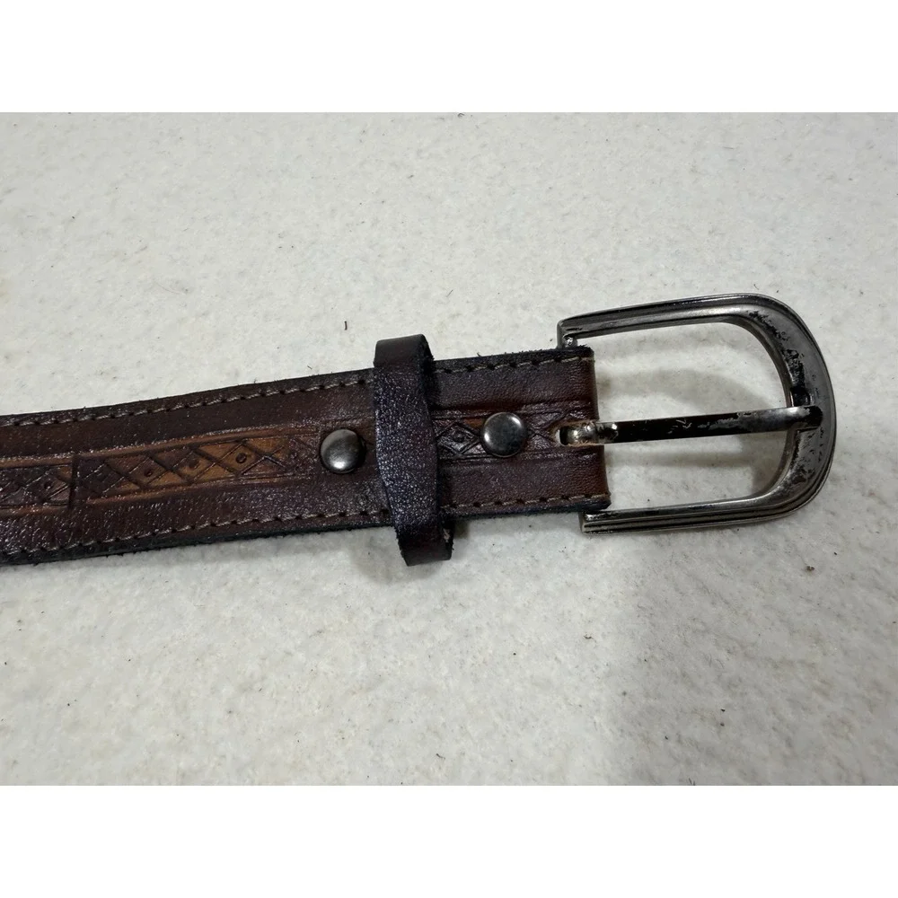 Vintage Leather Belt Western Tooled Brown Wool Inlay Boho Rustic 36